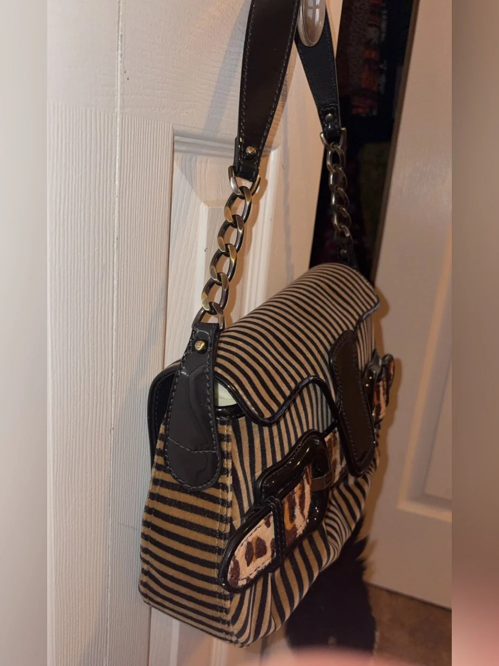 FENDI Striped Velvet B Bis Baguette Leopard Calf Hair, Black Patent Leather rare